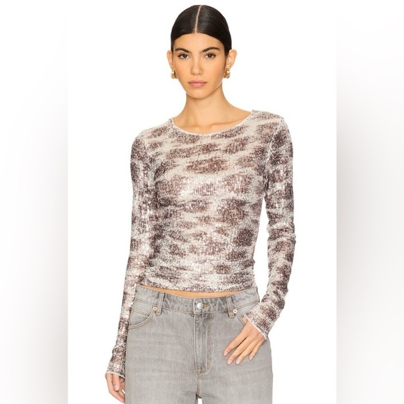 Intimately Free People FP Leopard Gold Rush Sequin Long Sleeve Fitted Top - Picture 2 of 10